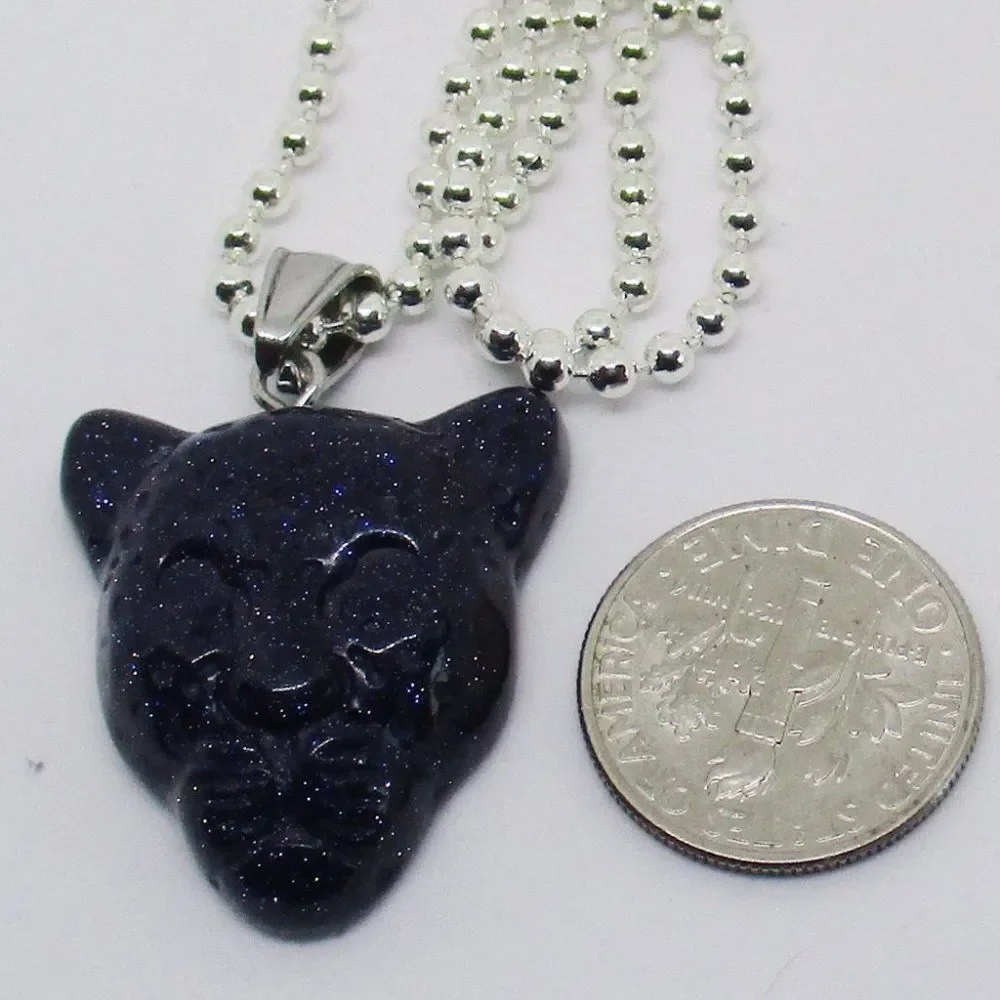 Leopard Head Pendant With Necklace 24 Inches Blue Goldtone